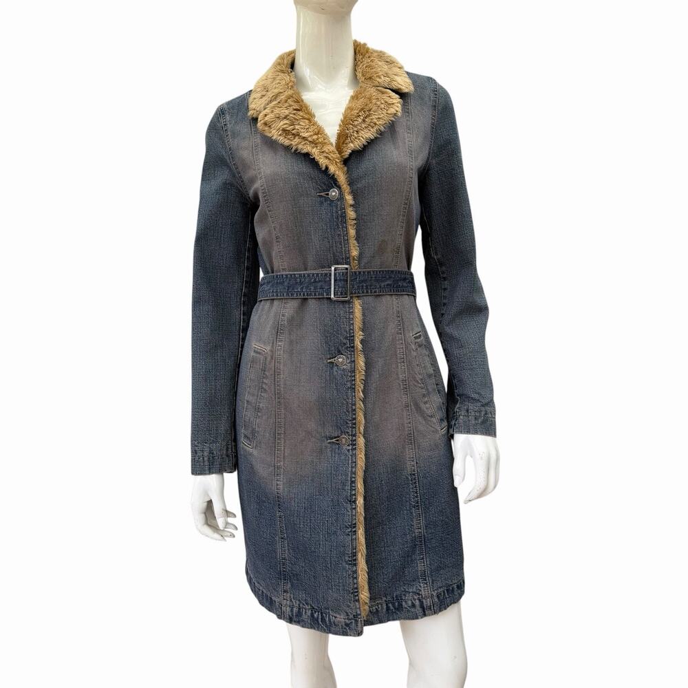Vintage Y2K Faux Fur Trimmed Denim Jacket Trench Coat, Small
